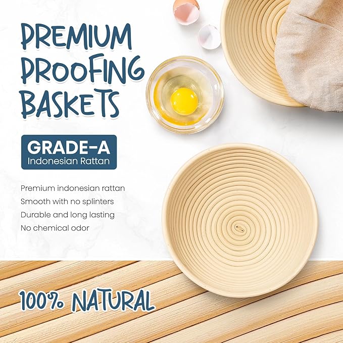 Rorecay Banneton Bread Proofing Baskets Set of 2, 9 Inch Round Cane Sourdough Bread Rising Basket