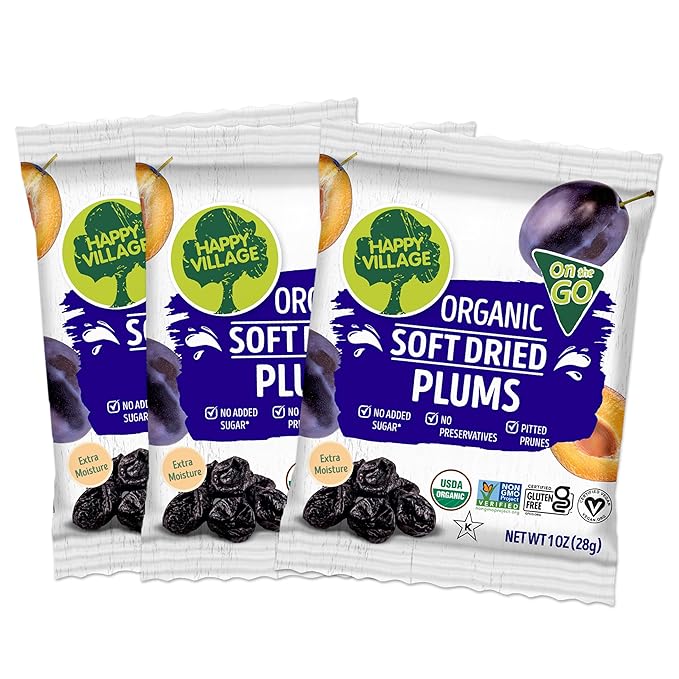 Happy Village Organic Soft Dried Prunes (Plums) On the Go – 3 Bags (15 Individual Portion Packs) |