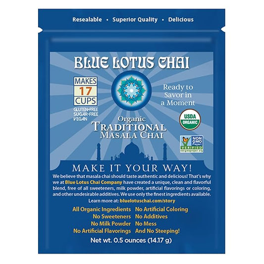Blue Lotus Chai Tea - Fully Organic Traditional Masala Chai - Makes 17 Cups - 0.5 Ounce Masala