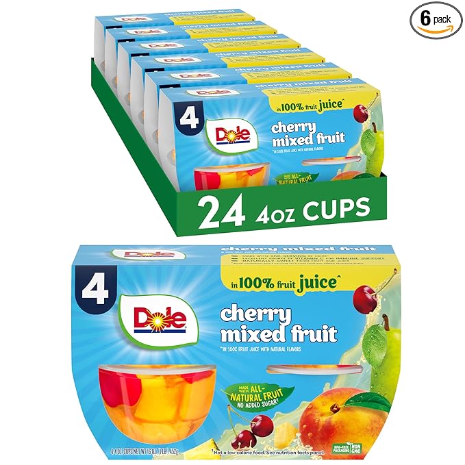 Dole Fruit Bowls Cherry Mixed Fruit in 100% Juice Snacks, 4oz 24 Total Cups, Gluten & Dairy Free