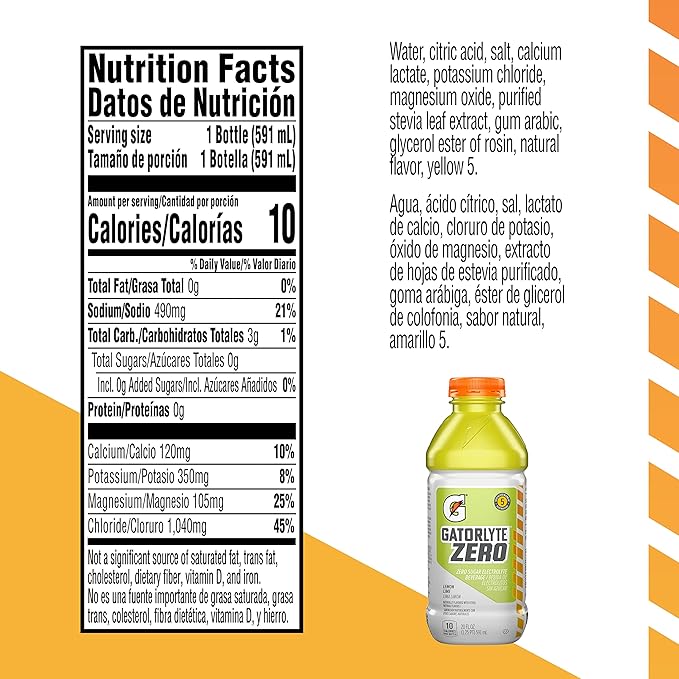 Gatorlyte Zero Electrolyte Beverage, Lemon Lime, Zero Sugar Hydration, Specialized Blend of 5