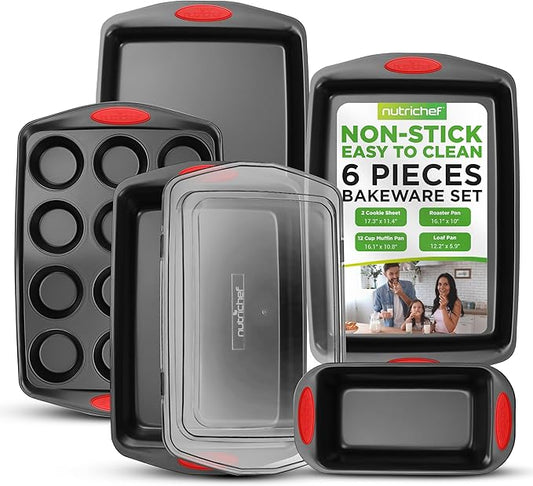 NutriChef 6-Piece Baking Pan Set - PFOA, PFOS, PTFE Free Flexible Nonstick Black Coating Carbon