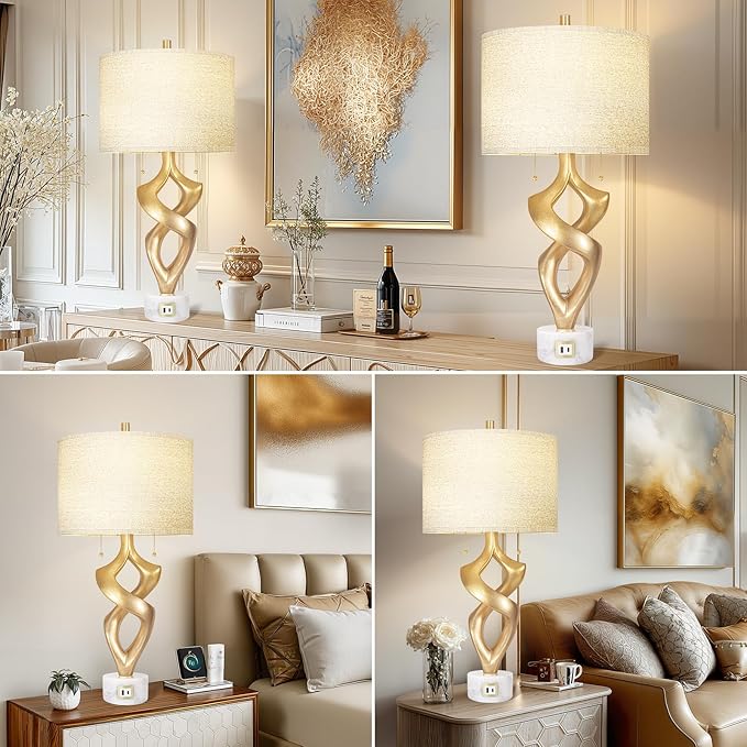 Scenekoy Sculptural Resin Table Lamp Set of 2 with USB Ports for Bedroom Living Room, 31” Big Gold