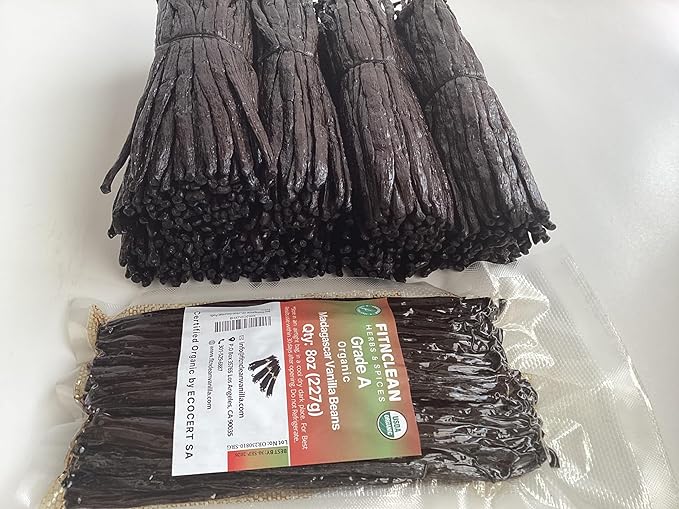 8oz Madagascar Organic Vanilla Beans Grade A. Certified USDA Organic. Fresh 6"-8" for Cooking