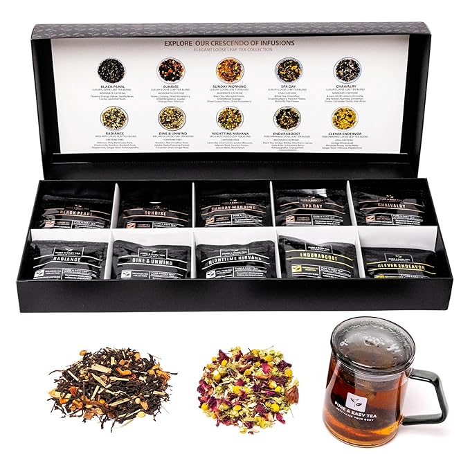 Pure And Easy Tea, Premium Loose Leaf Tea Sampler Set, 30-Count Variety Pack with 10 Herbal &