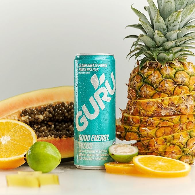 GURU Island Breeze Punch Organic Energy Drinks, Clean Energy Drink with Plant Based Natural
