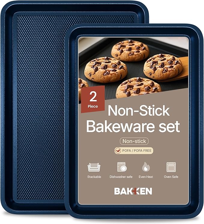 Diamond Bottom Cookie Sheet Set of 2, Nonstick Blue Carbon Steel Baking Pans for Crisp Baking
