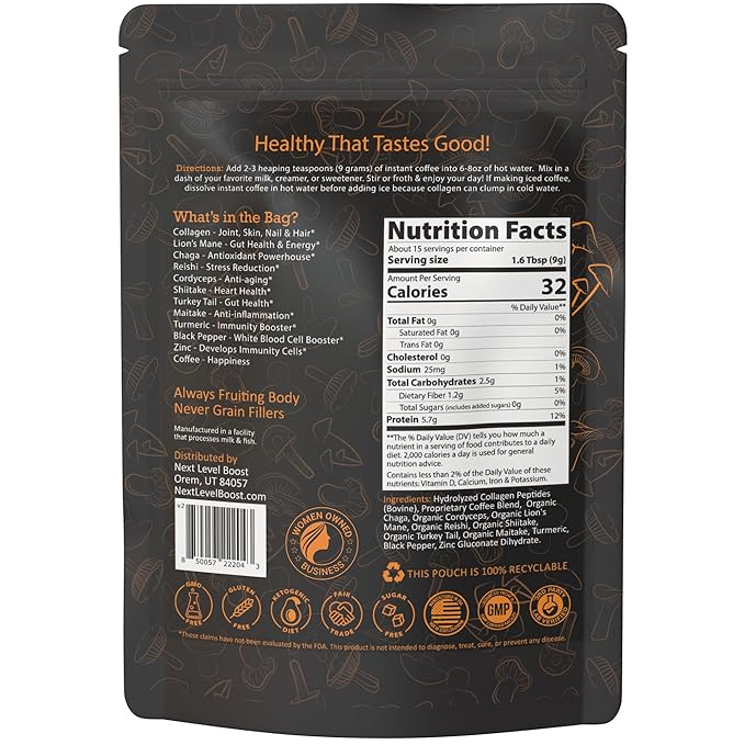 Immunity Boost Organic Mushroom Instant Coffee - 135g, 15 Servings Pouch - Healthy Coffee