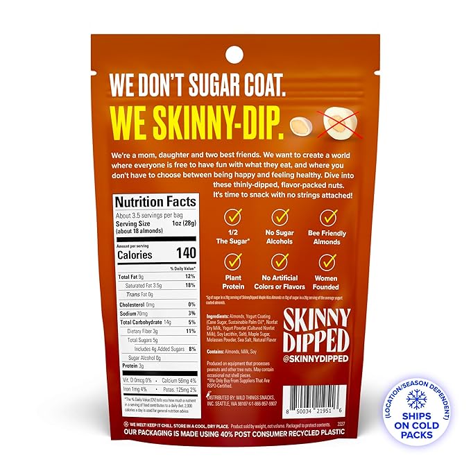 SkinnyDipped Maple Kiss Almonds, Healthy Snack, Plant Protein, Gluten Free, 3.5 oz Resealable Bags