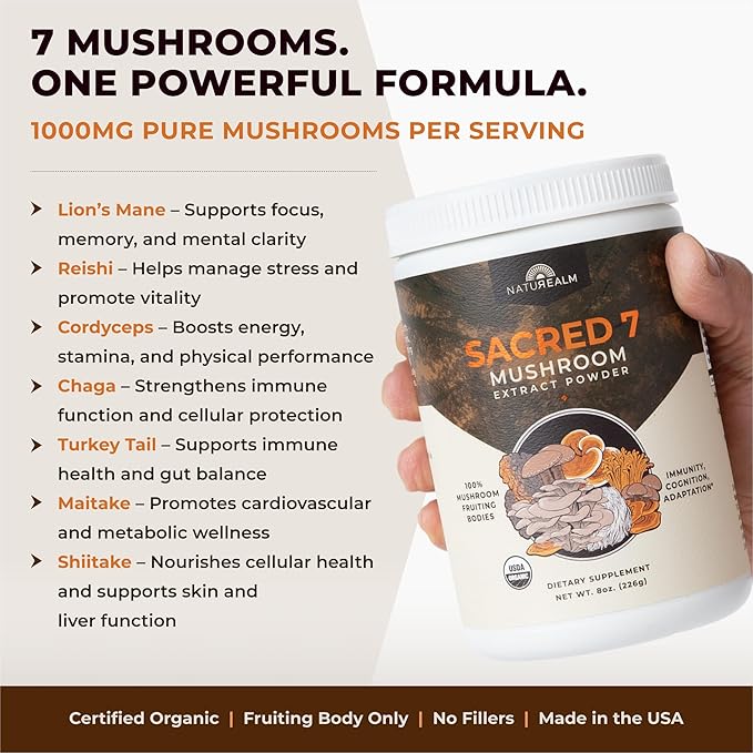 Sacred 7 Mushroom Coffee Booster | Organic Mushroom Supplement Powder ??Lions Mane, Reishi, Chaga &
