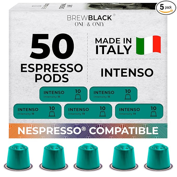 BrewBlack Intenso Coffee Capsules - 50 Aluminum Coffee Pods Compatible with Nespresso Original