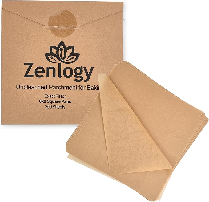 Zenlogy 8x8 Parchment Squares (200 sheets) - Unbleached, Non-stick, Pre-cut Parchment Paper - Fits