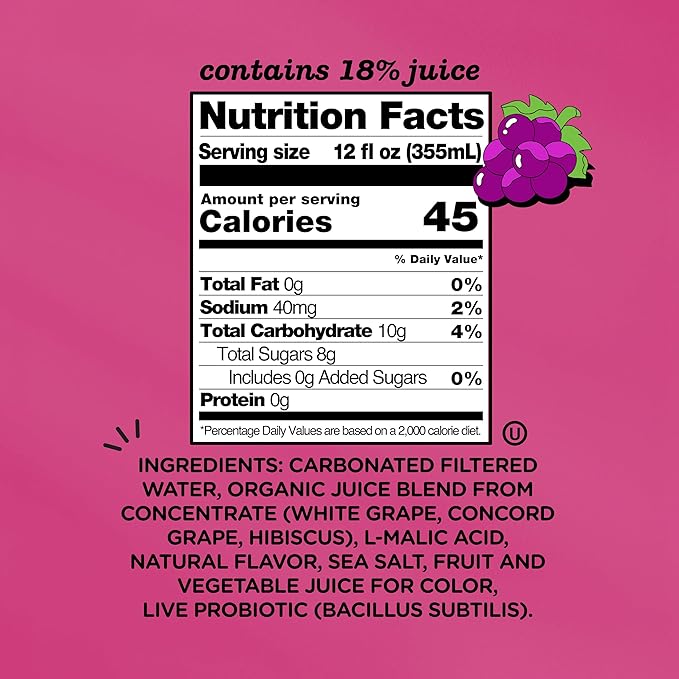 Culture Pop Soda, Grape, Probiotic Low Sugar Soda, Sparkling Juice Alternative, Non-GMO, Kosher