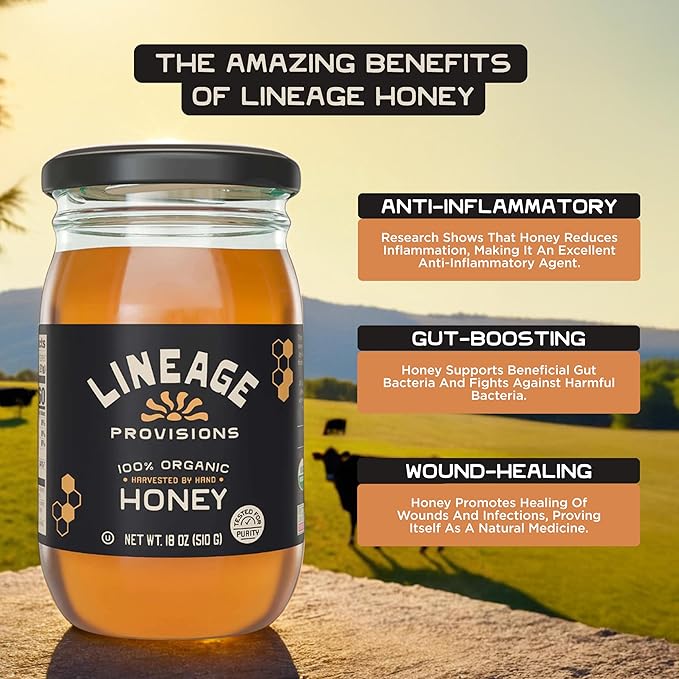 Lineage Provisions 100% Organic Raw Unfiltered Honey – 3-Pack (18 oz Glass Jars) – Undetectable