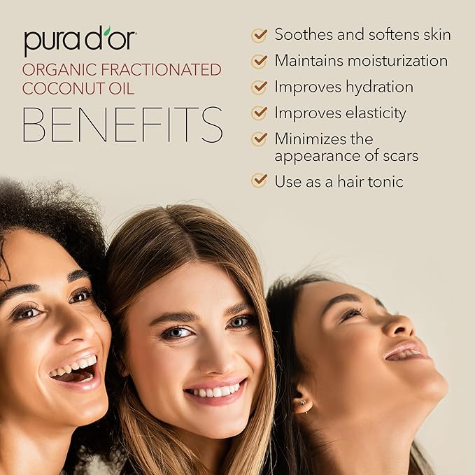 PURA D'OR 16.9 Oz ORGANIC Fractionated Coconut Oil MCT Oil (GLASS BOTTLE) 100% Pure & Natural USDA