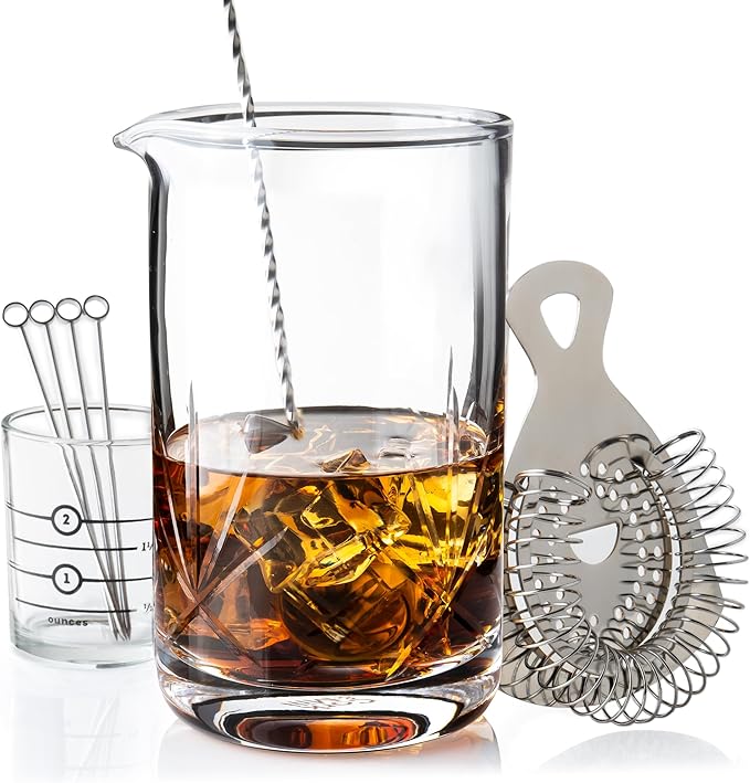 Cork & Mill Cocktail Mixing Glass, Old Fashioned Kit, Large 24 oz Crystal Cocktail Mixer for