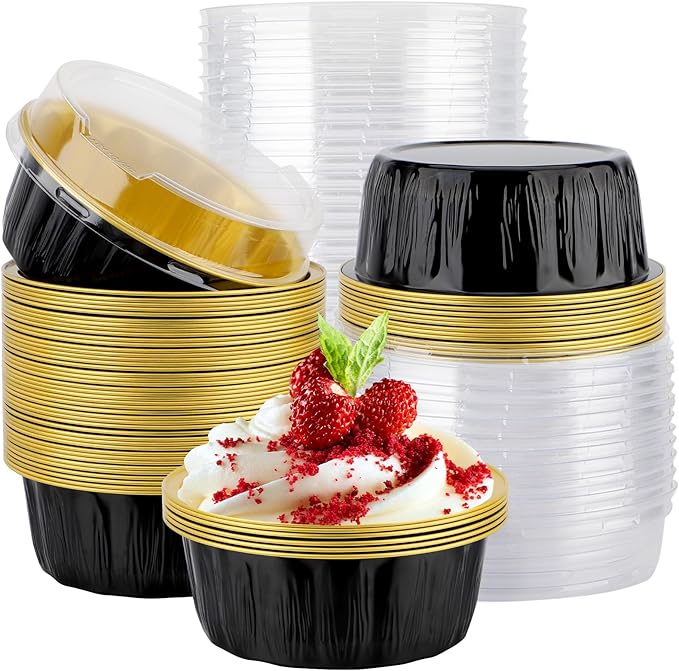 EUSOAR Cake Storage Container, 50pcs 9oz Black Aluminum Baking Cups with Lids, Aluminum Cupcake