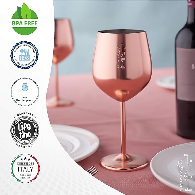 Gusto Nostro Stainless Steel Wine Glass - 18 oz - Unbreakable Rose Gold Wine Glasses for Travel