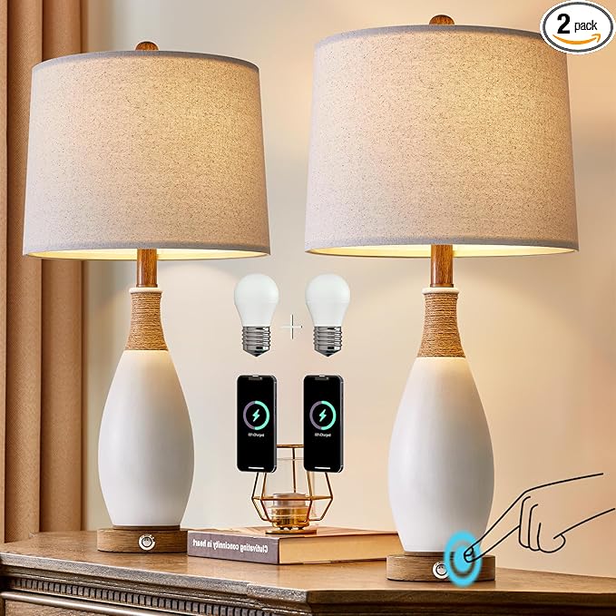 OYEARS 24.5” 3-Way Dimmable Touch Control Bedside Table Lamp Set of 2 with USB and Type-C Charging