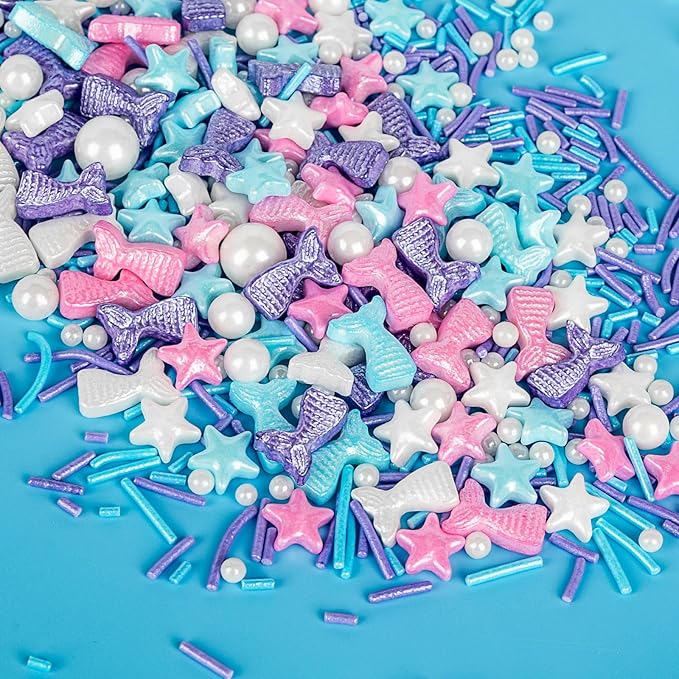 Mermaid Sprinkles,Edible Sugar Pearl Stars Jimmies Mix,130g/4.58oz,Pearl Candy Ocean Sprinkle for