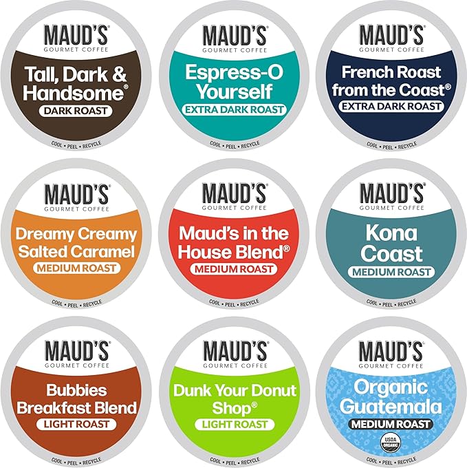 Maud's Original Coffee Pods Variety Pack, 80 ct, 9 Assorted Roasts, Dark & Medium Roast Coffee in