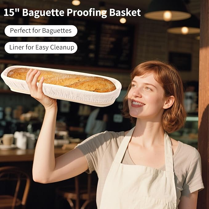 Banneton Bread Proofing Basket - 15 Inch Baguette Sourdough Bread Basket with Liner - Set of 2