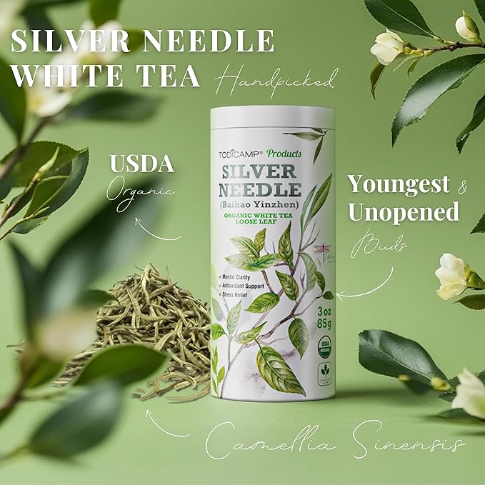 TODICAMP USDA Organic Silver Needle Tea - 3 Oz of Loose Leaf Silver Needle White Tea - Loose Leaf