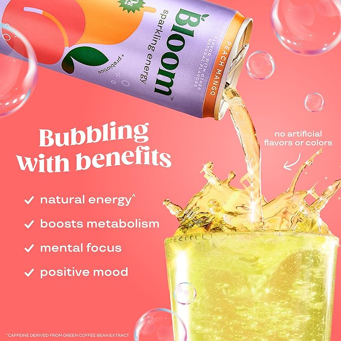 Bloom Nutrition Sparkling Energy Drink - Natural Caffeine, Zero Sugar, 180mg Caffeine