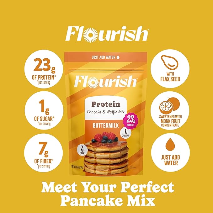 Flourish Protein Pancake & Waffle Mix, with Whey Protein & Flax Seed, No Added Sugar, High in