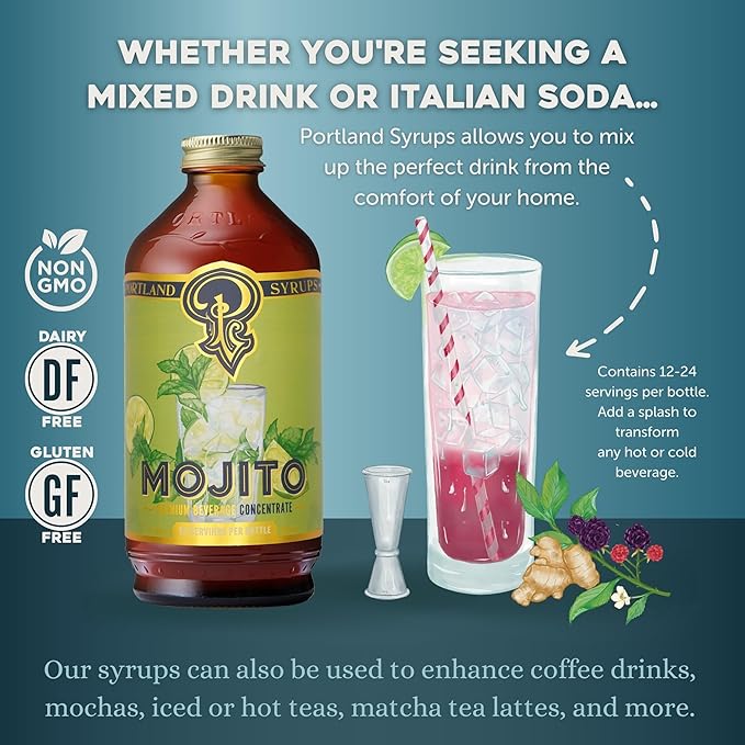 Portland Syrups Mojito Syrup - Refreshing Mint and Zesty Lime Flavor - Premium Beverage Concentrate