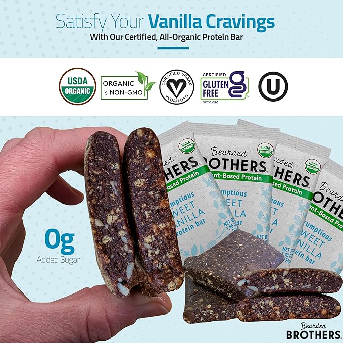 Bearded Brothers Organic Protein Bars, Vanilla (10 Pack) - 11g of Plant Based Protein Gluten Free