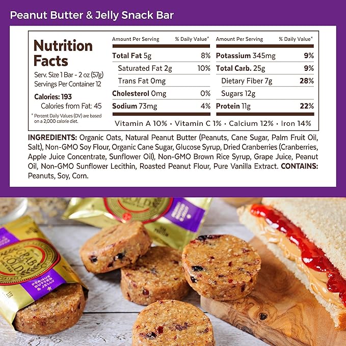 GRAB THE GOLD Snack Bars, Peanut Butter & Jelly (14 Bars - Amazon Exclusive) 11g Plant-Based