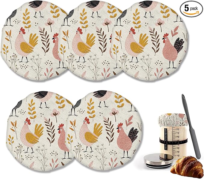 Rooster Floral 5-Pack Cloth Covers for Sourdough Starter Jar, Cloth Covers Reusable Lid Top