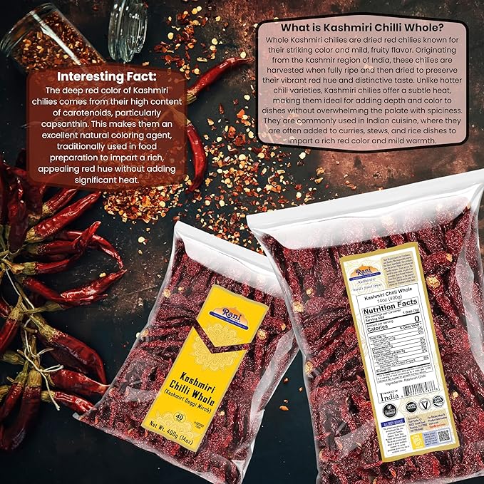 Rani Kashmiri Chilli Whole (Deggi Mirch, Low Heat) 14oz (400g) ~ Natural | Salt-Free | Vegan | No