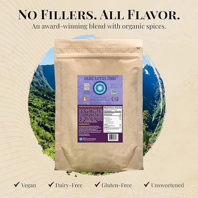 Blue Lotus Chai - Star Anise Masala Chai - Makes 530 Cups - 1 Pound Bulk Bag Masala Spiced Chai