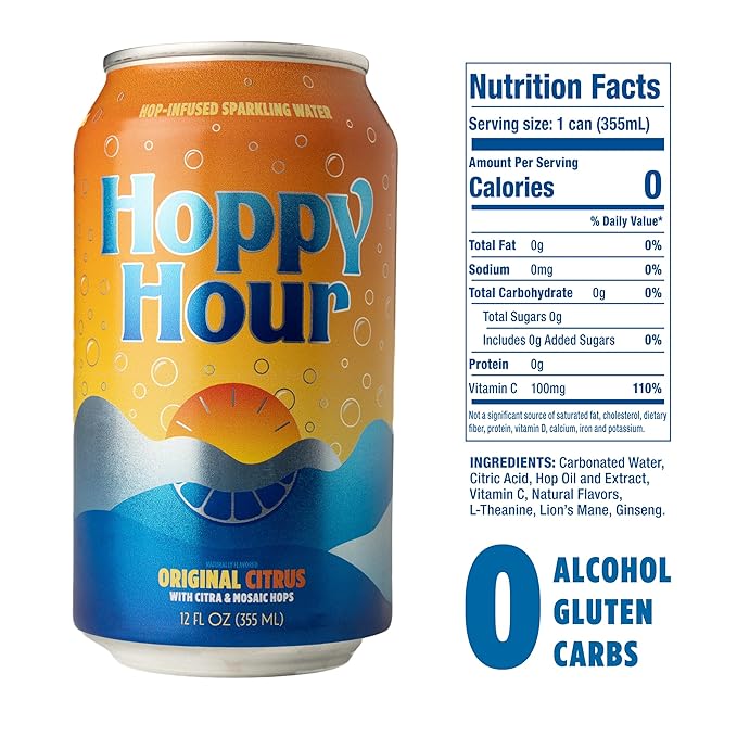 Hoppy Hour Sparkling Hop Water, Non-Alcoholic and Adaptogens Drink, Zero Sugar and Calories