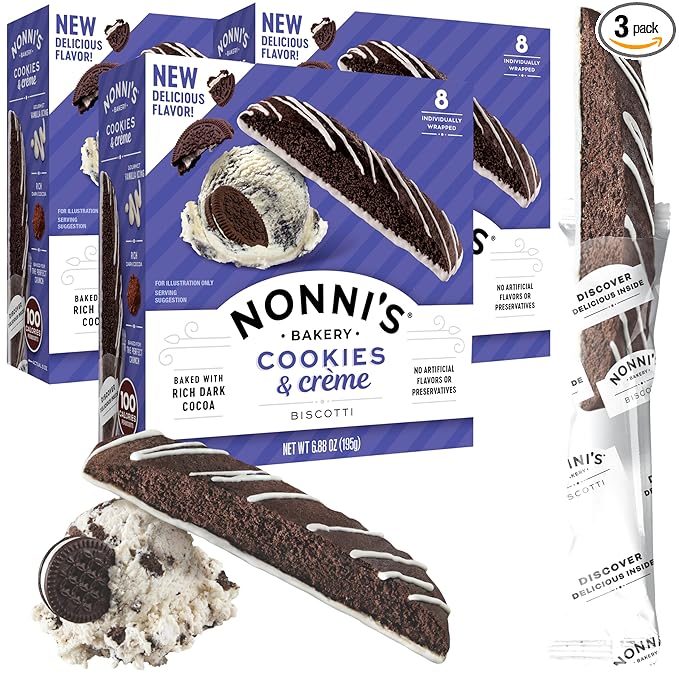 Nonni's Cookies & Crème Biscotti, Rich Dark Cocoa Cookie with Vanilla Icing, 8 Individually Wrapped