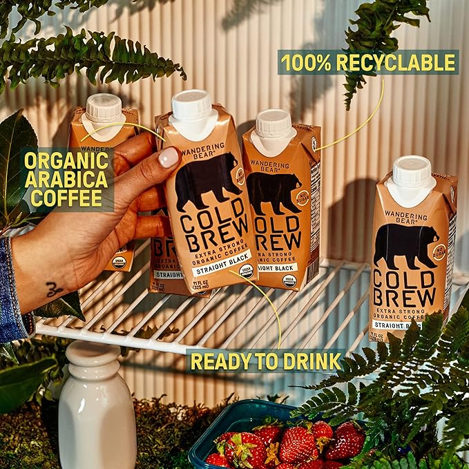 Wandering Bear Straight Black Organic Cold Brew Coffee On-the-Go, 11 fl oz, 12 pack - Extra Strong