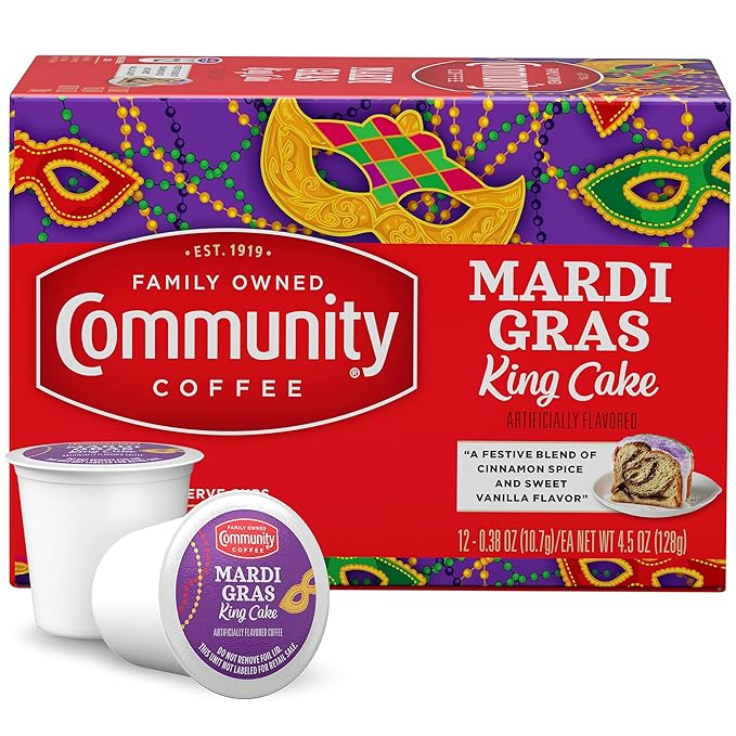 Community Coffee Mardi Gras King Cake Flavored 12 Count Coffee Pods, Medium Roast, Compatible with