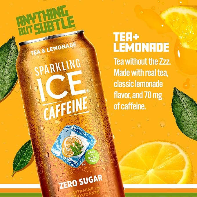 Sparkling Ice Caffeine Tea + Lemonade Sparkling Water with Caffeine, Zero Sugar, with Antioxidants