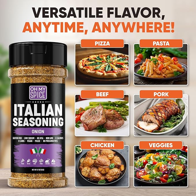 Italian Seasoning Blend Onion Powder Mix - Gluten Free & Low Sodium Pizza Seasoning for Bruschetta