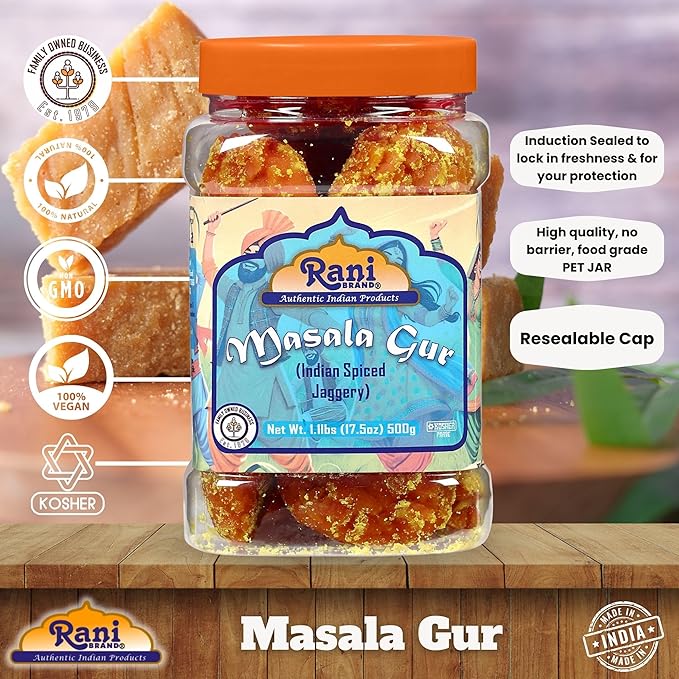 Rani Masala Gur (Jaggery) Indian Unrefined Raw Cane Sugar 17.5oz (1.1lbs) 500g PET Jar ~ Gluten