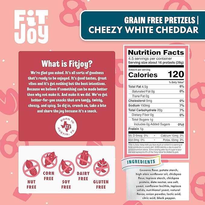 FitJoy White Cheddar Pretzels (Pack of 6, 4.5 Oz) - Dairy, Nut & Gluten Free Snacks - Grain Free