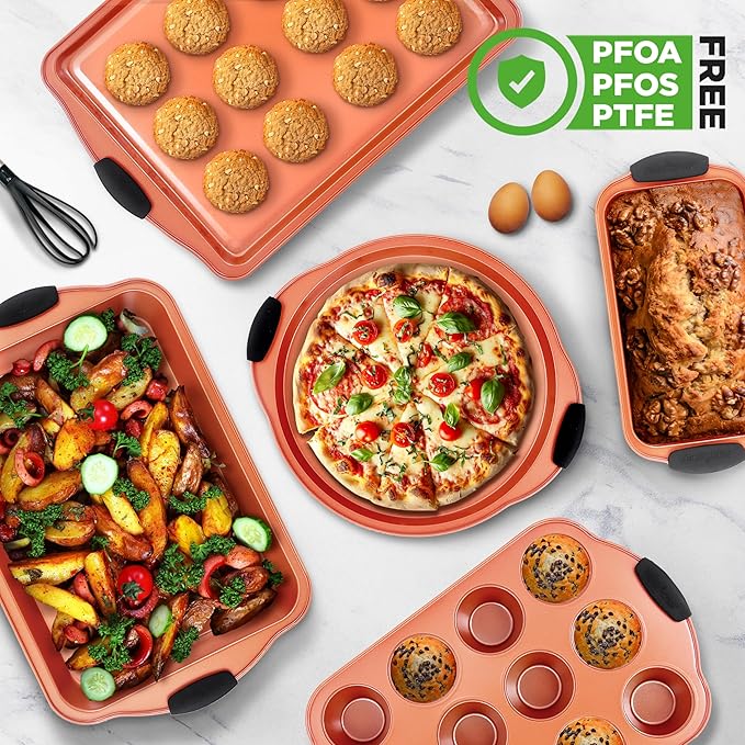 NutriChef 8 Piece Baking Pans Set - Nonstick Carbon Steel Bakeware Set w/ Silicone Heat-Safe