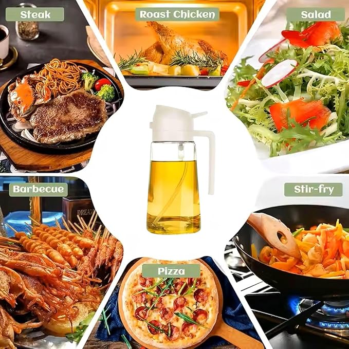 Oil Sprayer for Cooking 2 in 1, 470ml/16oz, Oil Spray & Dispenser Glass Bottle, Food-grade material