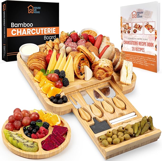 Large Bamboo Charcuterie Boards Gift Set with Hidden Drawer, Side Fruit Tray, Cheese Knife Set