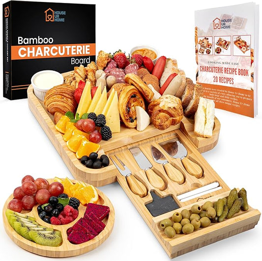 Large Bamboo Charcuterie Boards Gift Set with Hidden Drawer, Side Fruit Tray, Cheese Knife Set