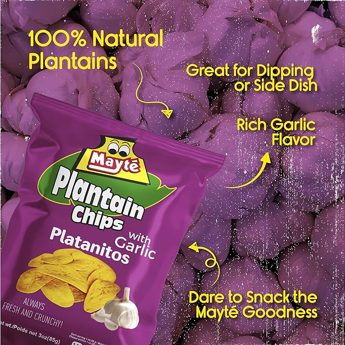 Mayté Garlic Plantain Chips – 30 Individual Packs (3oz Each) – Crunchy, Savory, and Healthy Snacks