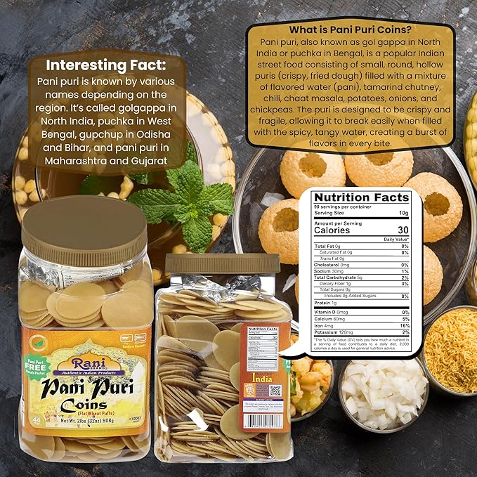 Rani Pani Puri Coins (Uncooked, Microwaveable Wheat Semolina Coins) 32oz (2lbs) 908g w/Pani Puri