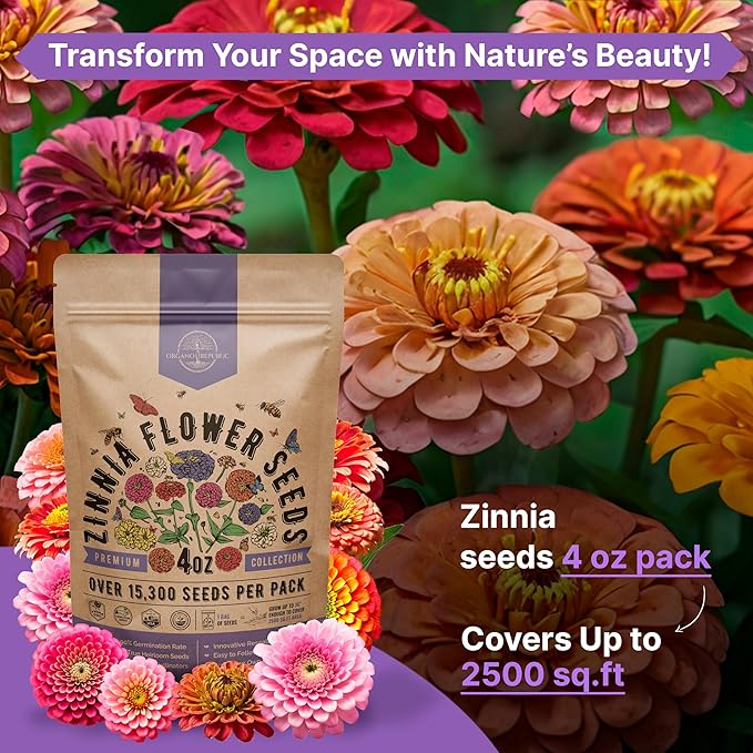 Zinnia Seeds Pack 4 oz - Over 15,300 Non-GMO Heirloom Zinnia Seeds for Planting, Annual Flowers in